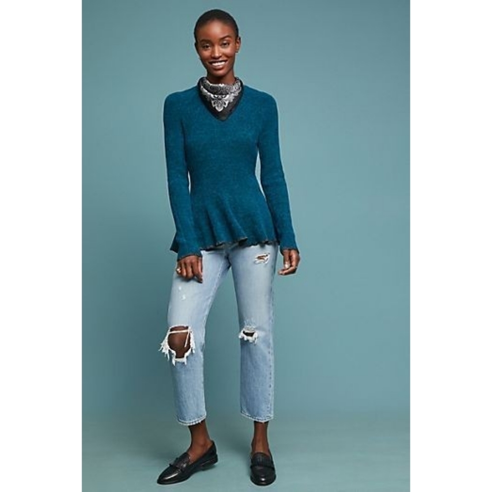 Ett:twa By Anthropologie Chenille Peplum Teal Sz S